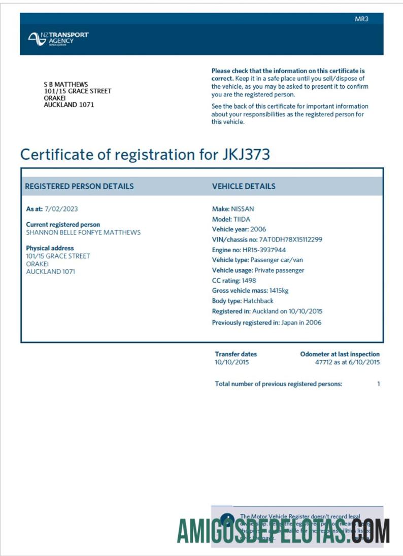 Amostra de Certificado de Registro de Veículo da Nova Zelândia